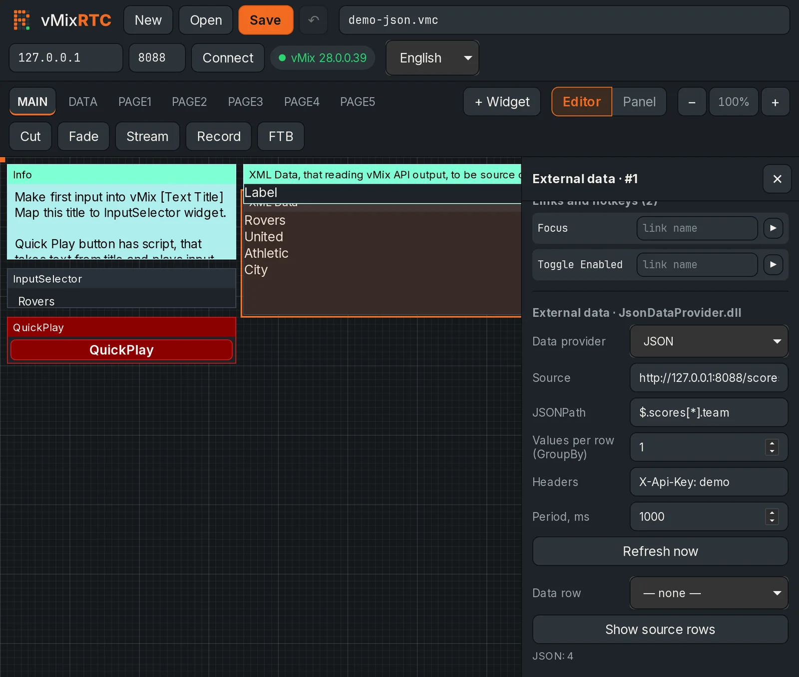 vMixRTC external data widget reading team names from a JSON API with a JSONPath query