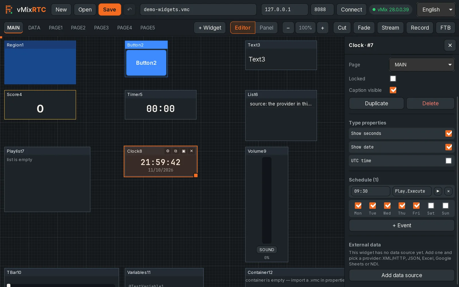 vMixRTC clock widget properties with a schedule entry for 09:30 on weekdays that fires Play.Execute