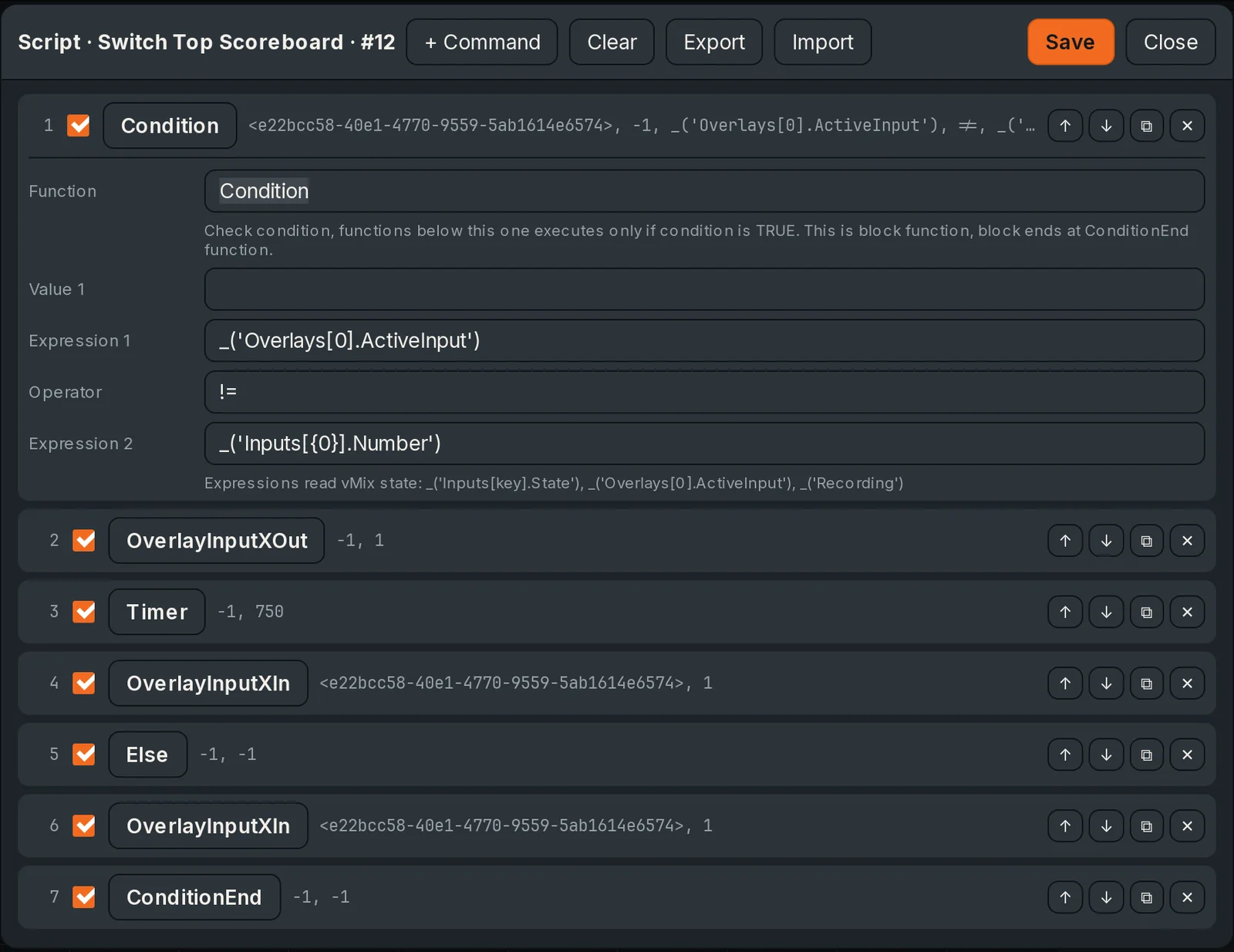 vMixRTC script editor showing a seven-step script with a Condition that compares the active overlay input