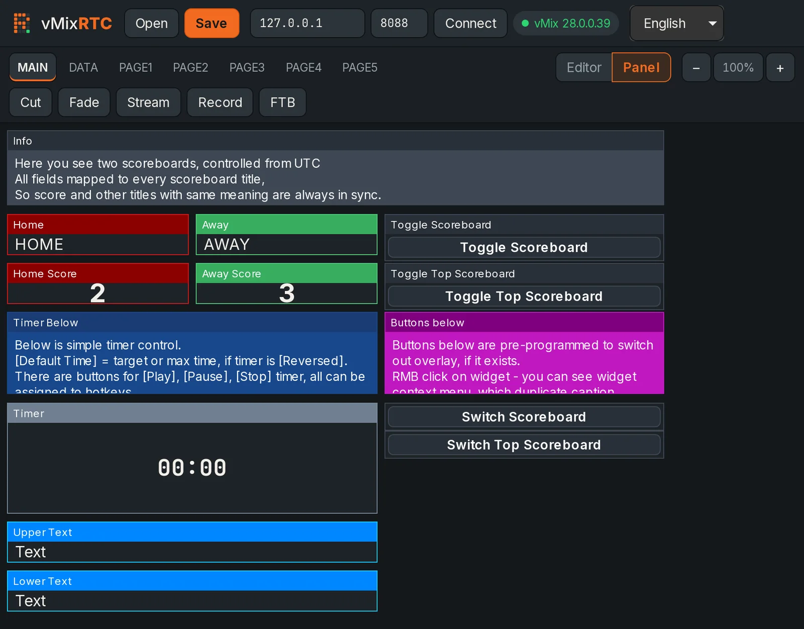 Scoreboard.vmc, an example controller from vMixUTC, open in vMixRTC in Panel mode.
